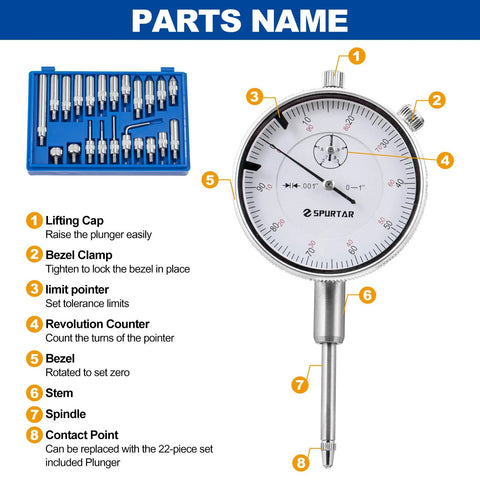 Spurtar dial indicator with magnetic base, 0-1 inch range, front view; blue bit-set kit beside.