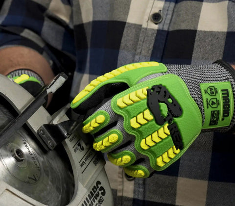 TRX T Rex ANSI A5 Lightweight HPPE Shell Impact Gloves With Sandy Nitrile Palm Coating, person using tool, Size 10 XL, Model TRX441