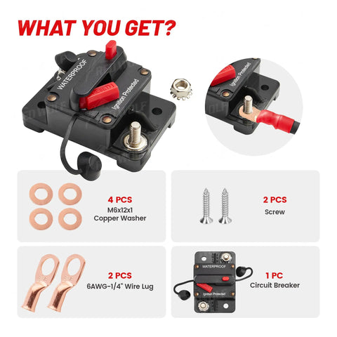 120 Amp Car Circuit Breaker With Manual Reset, Inline Fuse Holder with wire lugs, screws, and copper washers visible