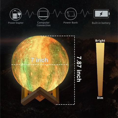 7.0 Inch Moon Lamp Night Light With 16 Color LED, 3D Printed Moon Surface on stand with brightness scale and dimensions