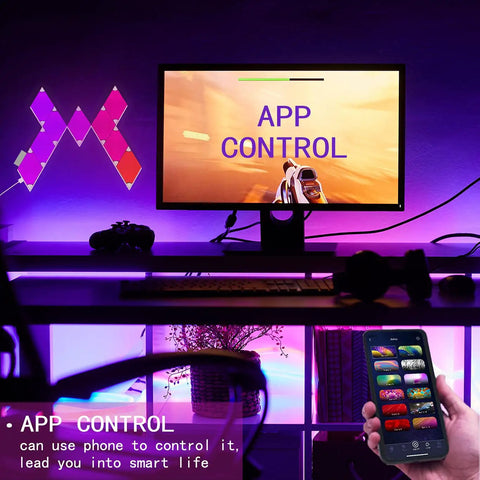 Smart Rhombus LED Wall Panels for Gaming Setup, 9 Pack RGB Colorful Rhythm Edition with App Control displayed on wall