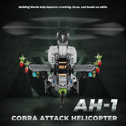 Cobra Attack Helicopter Building Block Set, AH-1 front view with realistic details, 512 plus pieces, military model kit for display.