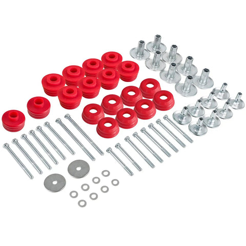 Ford F250 F350 Super Duty Body Mount Bushing Kit For 2008 To 2016 2WD 4WD Polyurethane Cab Mounts With Steel Sleeves And Hardware In Red Tough Finish, red bushings and hardware set