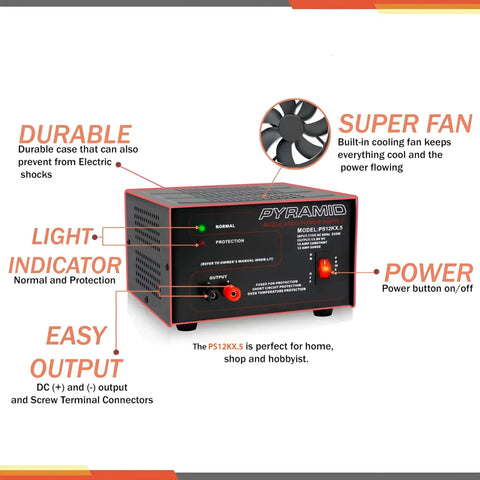 Compact Benchtop Power Supply for Electronics Hobbyists, 10 Amp Linear Regulated AC To DC Converter with labels and features
