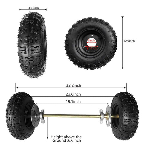 Go Kart Axle Kit 6 Inch Ready To Roll With 740mm Rear Axle, wheel diameter 12.9 inches, showing side and top view dimensions