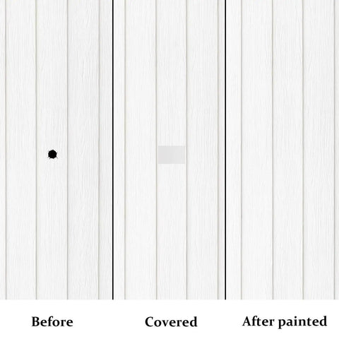 Before and after repairing vinyl siding with White Self-Adhesive Vinyl Siding Patch Kit with 20 Patches for quick patch ups.