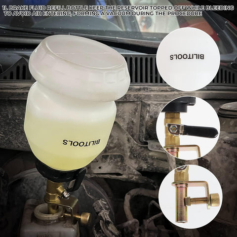 One Person Brake Bleeder Vacuum Pump Kit 1L refill bottle attached to brake system with adapters visible