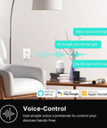 Living room with smart plug controlling devices via Alexa, Google, and Siri. Smart Plug Mini 15A With HomeKit Siri Alexa And Google Home Support.