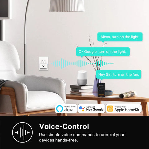 Living room with smart plug controlling devices via Alexa, Google, and Siri. Smart Plug Mini 15A With HomeKit Siri Alexa And Google Home Support.