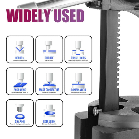 Pro Grade 3 Ton Manual Arbor Press Desktop Punch Press Machine For Stamping Riveting And Sheetmetal Shaping showing wide usage icons.