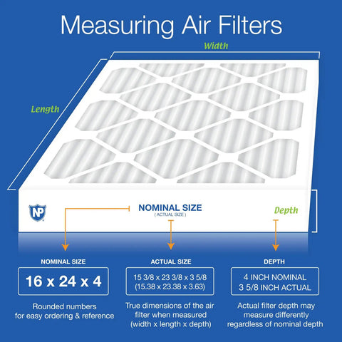 Diagram of Premium Pleated MERV 12 Air Filter 16x24x4 Inches Actual 15.38x23.38x3.63 with dimensions and nominal size details