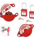 Red Outdoor Gate Valve Lockout Kit 2 Pack Safety Padlocks for hose bibs and water spigots with keys and red plastic lockout device.