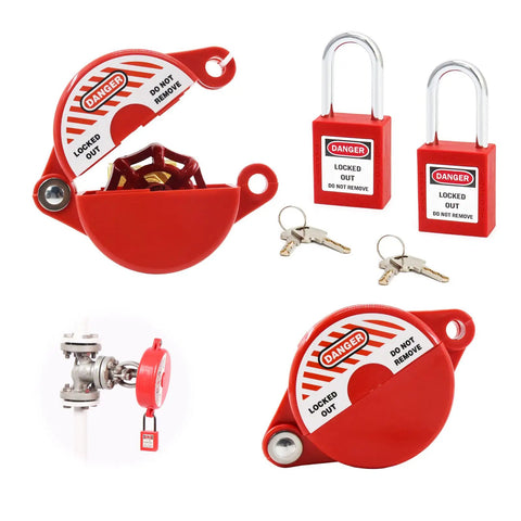 Red Outdoor Gate Valve Lockout Kit 2 Pack Safety Padlocks for hose bibs and water spigots with keys and red plastic lockout device.