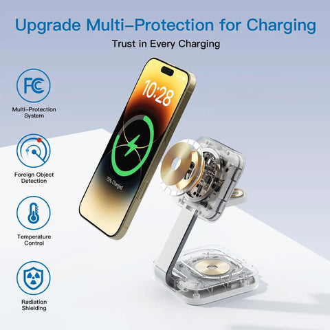 Traveling Wireless MagSafe 3 in 1 Fast Charging Station for iPhone 17 16 15 14 13 12 Pro Max Plus display with foldable stand