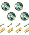 Four Piece Round Drawer Knobs And Cabinet Hardware Featuring Green And Gold Swirl Marbled Finish With Included Mounting Screws For Kitchen Cupboards And Dressers No Hassle Install Sweet Style Upgrade, 30mm diameter.