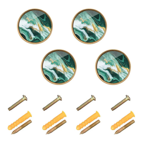 Four Piece Round Drawer Knobs And Cabinet Hardware Featuring Green And Gold Swirl Marbled Finish With Included Mounting Screws For Kitchen Cupboards And Dressers No Hassle Install Sweet Style Upgrade, 30mm diameter.