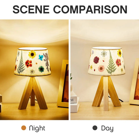 Scene comparison of Pressed Flower Table Lamp With Gift Box Set, Cottagecore Boho Rustic Night Light showing night and day views.