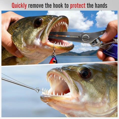Grab And Go Fishing Pliers Set With Two Magnetic Hook Removers used on a fish, showing non slip handles and hook removal