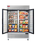 Rock Solid 54 Inch Wide Commercial Display Freezer Featuring Double Glass Doors And Anti Fingerprint Stainless Steel Build Straight Up For Boutiques Stores And Restaurant Bars with frozen food displayed.