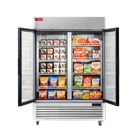 Rock Solid 54 Inch Wide Commercial Display Freezer Featuring Double Glass Doors And Anti Fingerprint Stainless Steel Build Straight Up For Boutiques Stores And Restaurant Bars with frozen food displayed.