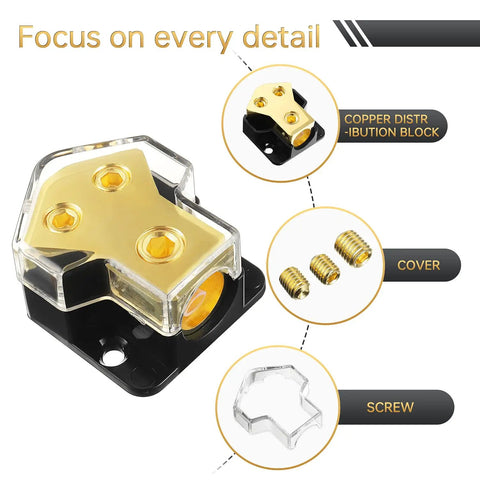 Two Way Car Audio Power Distribution Block Beefy Copper Brass Gold Plated Amp Splitter For 0 2 4 AWG In And 4 8 AWG Out Ideal For Cars Boats RVs ATVs Wiring Upgrade, gold plated brass block with cover