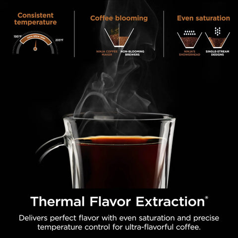 Hot And Iced XL Coffee Maker With Rapid Cold Brew Four Brew Styles Eight Cup Sizes From Small Cup To Travel Mug Barista Grade Single Serve Brewer 12 Cup Carafe Permanent Filter Removable Reservoir Black CM371 showcasing thermal flavor extraction with consistent temperature display.