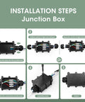 Installation steps for Two In One Bathroom Exhaust Fan With LED Light, showing junction box wiring and connections.