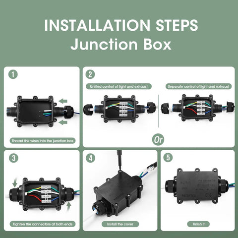 Installation steps for Two In One Bathroom Exhaust Fan With LED Light, showing junction box wiring and connections.