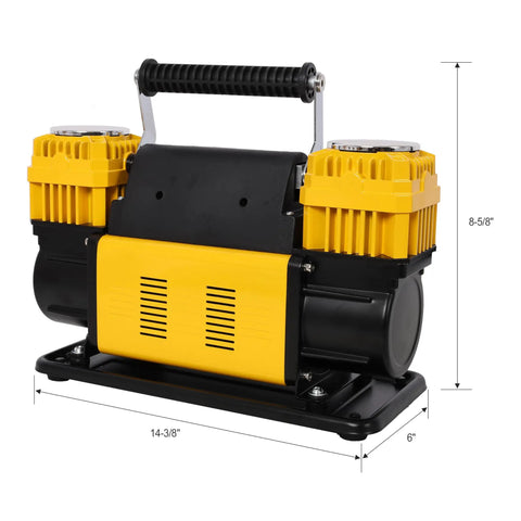 Heavy Duty 12V Dual Cylinder Air Compressor With Pressure Gauge. Fast Tire Inflator For Cars Suits Rvs Trucks Motorcycles. Includes 26ft Industrial Grade Air Hose For Quick, Easy Inflation On The Go Anywhere
