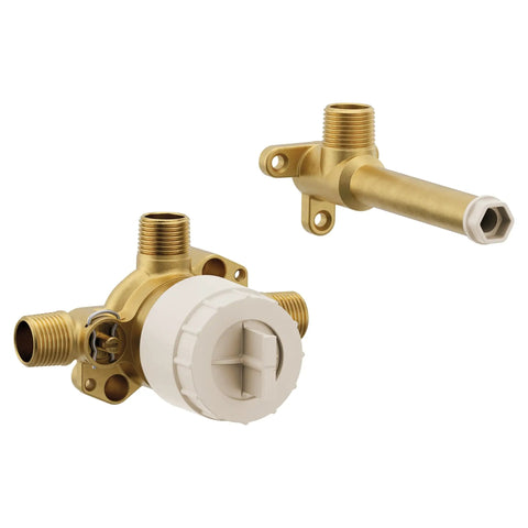 Brass components of a Single Handle Wall Mount Tub Filler With High Flow Faucet And Rough In Valve, CC ICS Connections, 180 Degree Rotating Spout.