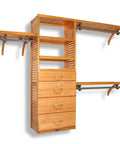 Custom Cut Wall Mounted Closet Organizer System Featuring Heavy Duty Wooden Shelving And Four Deep Soft Close Drawers With Slick Sliding Tracks Crafted From Pure Maple Wood For Top Shelf Walk In Storage.