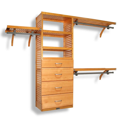 Custom Cut Wall Mounted Closet Organizer System Featuring Heavy Duty Wooden Shelving And Four Deep Soft Close Drawers With Slick Sliding Tracks Crafted From Pure Maple Wood For Top Shelf Walk In Storage.