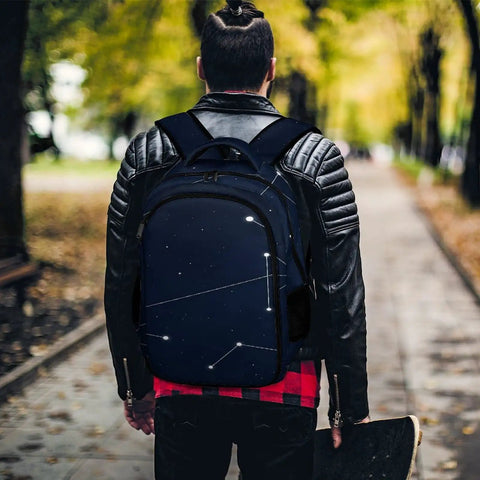 Person wearing Galaxy Themed Backpack With Large Capacity For Everyday Use Unisex Durable Polyester Daypack Featuring Space Graphic