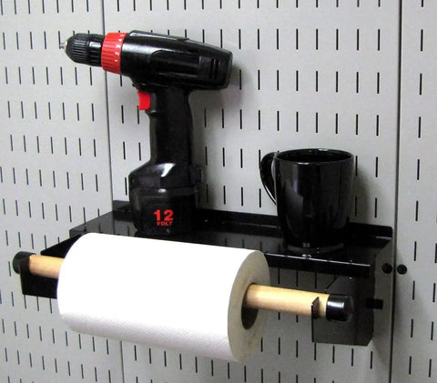 Beefy Heavy Duty Pegboard Paper Towel Holder And Dowel Rod Shelf For Slotted Tool Boards Black Finish Wall Mount Organizer