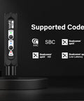Close-up of Bluetooth XLR Receiver For Audio Mixers with supported codecs AAC, SBC, aptX, aptX HD, aptX Low Latency listed.