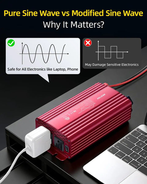 500W Pure Sine Wave Power Inverter With PD30W And QC18W Power Up 12V DC To 110V AC, red device next to laptop.
