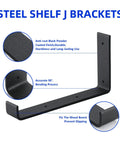 10 Pack Heavy Duty J Style Shelf Brackets With Lip 9 Inch Industrial Wall Mounted Floating Supports, black iron design