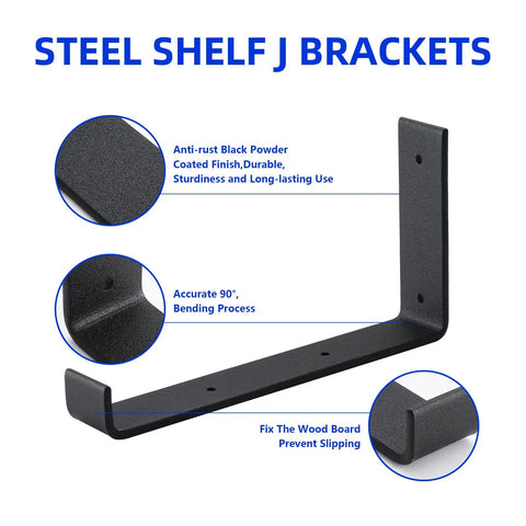 10 Pack Heavy Duty J Style Shelf Brackets With Lip 9 Inch Industrial Wall Mounted Floating Supports, black iron design