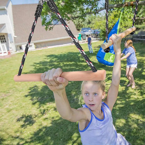 Child playing on 3 Pack Ninja Monkey Bars Obstacle Course Set With Wood And Rope Trapeze Swing Attachments 250 Lb Capacity Built Tough For Backyard Ninja Line Slackline Training For Kids And Teens Black