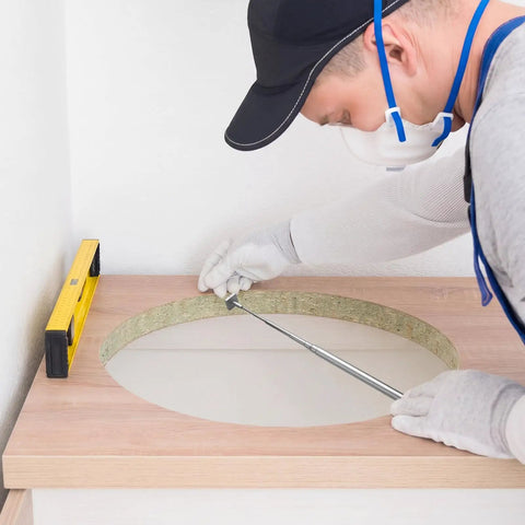 User measuring a round cutout with the 3 Pack Telescoping Measuring Stick Tap Measure Set With Long Extension Pole Reaching 94 Inches Plus Mini Ruler Quick Measurements In Any Tight Squeeze Super Handy Woodworking And Diy Renovation Tool Kit.