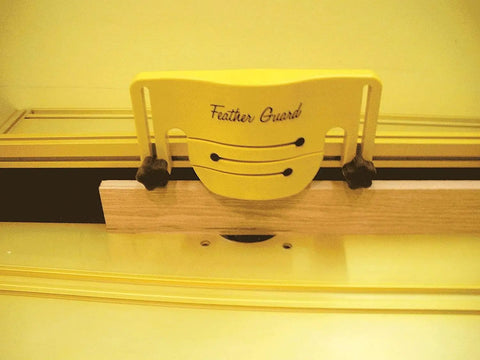 Heavy Duty Safety Feather Guards Pair For Table Saw Router Table Woodworking Jig securing a wooden piece on a yellow table saw.