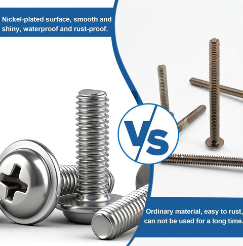 Comparison of nickel-plated screws from 120Pc Cabinet Screw Kit With M4 Pan Washer Head Phillips Machine Screws versus rusty screws