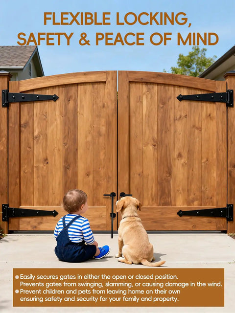 Child and dog in front of wood gate with Heavy Duty Cane Bolt Gate Drop Rod Stopper for Wood Metal Vinyl Fences