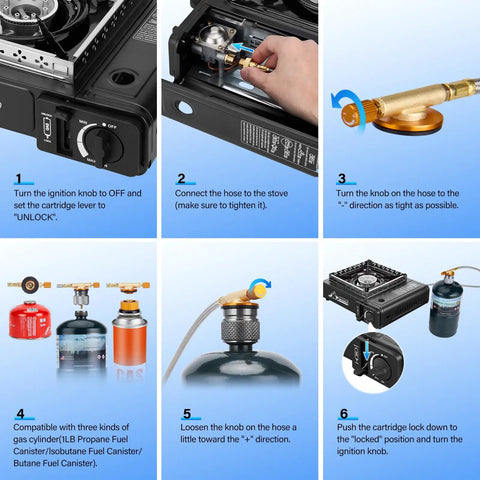 Step-by-step instructions for Three Fuel Portable Camping Stove with Wind Blocker, showing connection to propane, butane, isobutane.