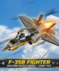 F-35B Lightning II Fighter Jet Building Blocks Set With 1268 Pieces in flight against a cloudy sky with flames from engine