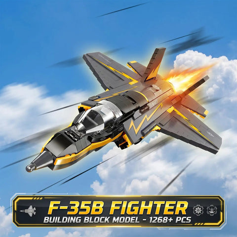 F-35B Lightning II Fighter Jet Building Blocks Set With 1268 Pieces in flight against a cloudy sky with flames from engine