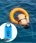 2 Pack Sand Anchor Bags 10L And 20L, used with pool float and swimmer in water, showing waterproof dry bag feature.