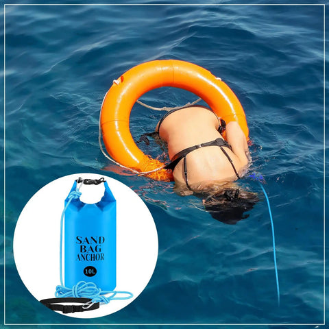 2 Pack Sand Anchor Bags 10L And 20L, used with pool float and swimmer in water, showing waterproof dry bag feature.