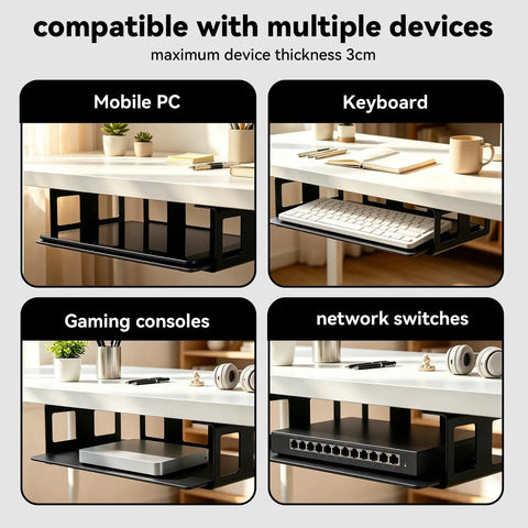 Super Rugged Under Desk Laptop Mount Handles Devices Up To 1.18 Inches Thick Includes Bracket Kit And Hardware For No Sweat Installation Provides Clean Sleek Workspace Finish In Black, showcasing compatibility with multiple devices.