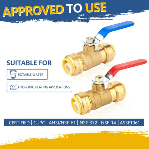 Heavy Duty One Inch Push To Connect Ball Valve With Slick Snap Fast Shut Off Operation For Stress Free Hot Cold Water Plumbing Upgrades That Works Like A Charm For Handymen And Seasoned Pros Alike Pack Of Thirty Pieces with blue and red lever for easy operation.
